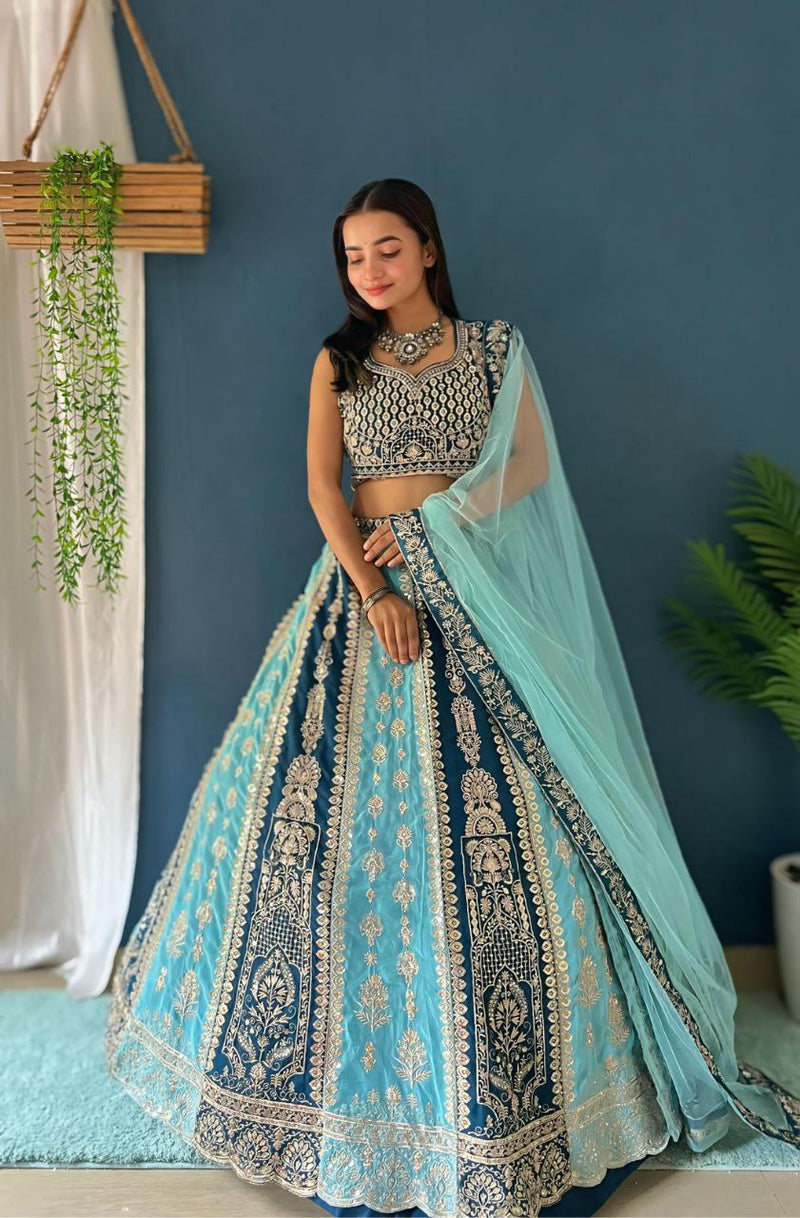 Sky Blue Embroidered Sequined Silk Lehenga & Unstitched Blouse With Dupatta For Women