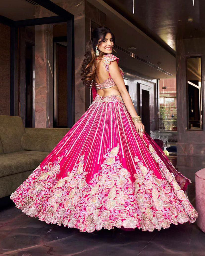 Pink Embroidered Sequined Silk Lehenga & Unstitched Blouse With Dupatta For Women