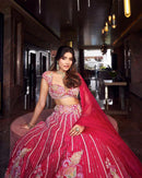 Pink Embroidered Sequined Silk Lehenga & Unstitched Blouse With Dupatta For Women