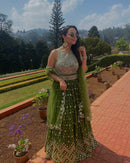 Green Embroidered Sequined Silk Lehenga & Unstitched Blouse With Dupatta For Women