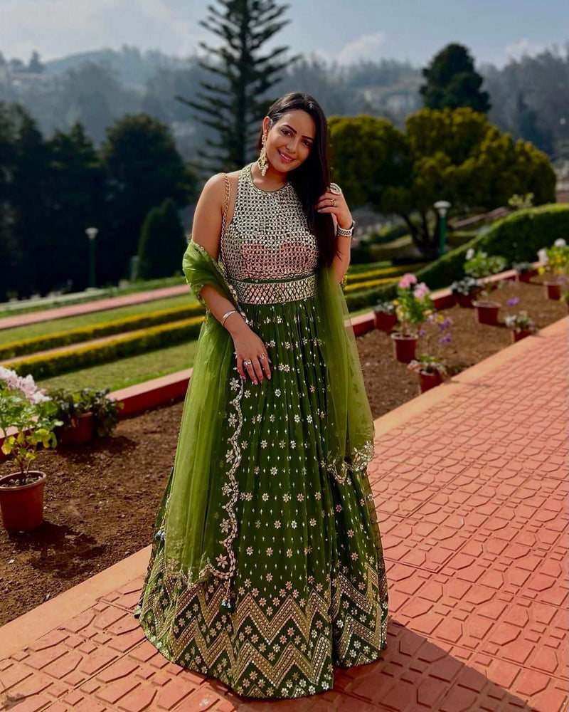 Green Embroidered Sequined Silk Lehenga & Unstitched Blouse With Dupatta For Women