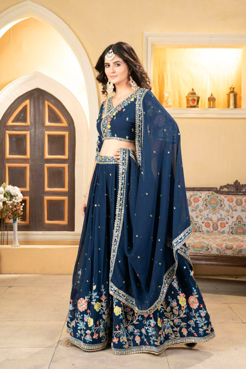 Stylish Blue Faux Georgette Lehenga Choli With Thread Embroidery For Women