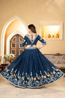 Stylish Blue Faux Georgette Lehenga Choli With Thread Embroidery For Women