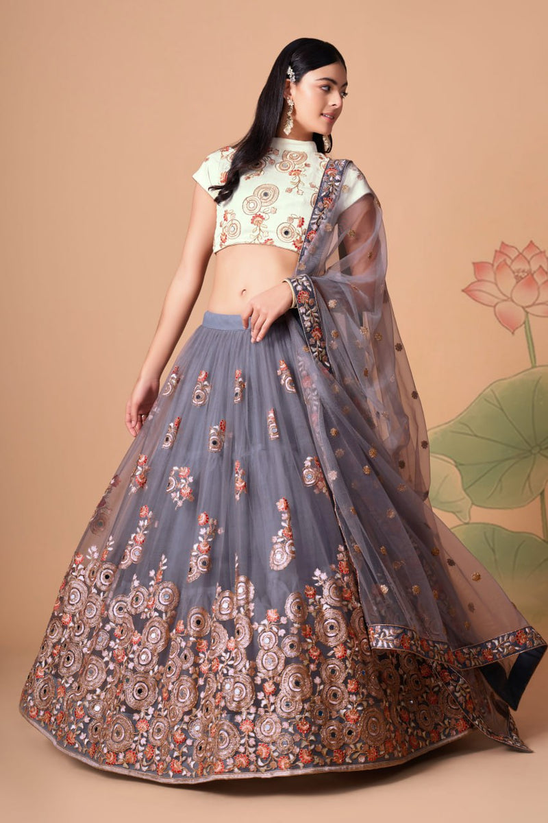 Multi Color Women Embellished Flared Lehenga Choli Set with All Over Sequined Embroidery Work