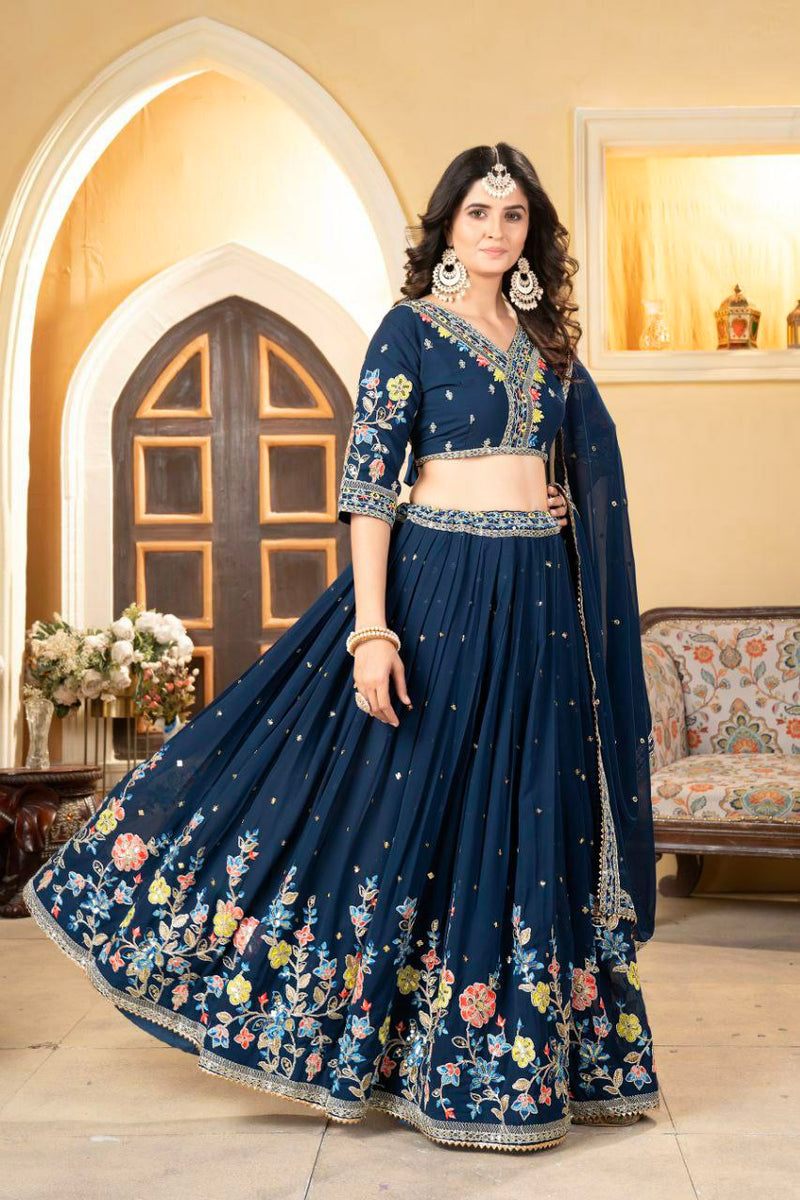 Stylish Blue Faux Georgette Lehenga Choli With Thread Embroidery For Women