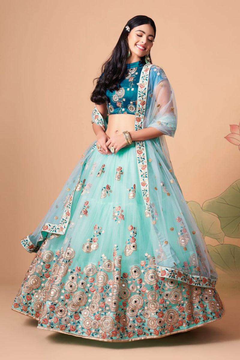 Multi Color Women Embellished Flared Lehenga Choli Set with All Over Sequined Embroidery Work