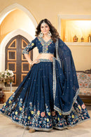 Stylish Blue Faux Georgette Lehenga Choli With Thread Embroidery For Women