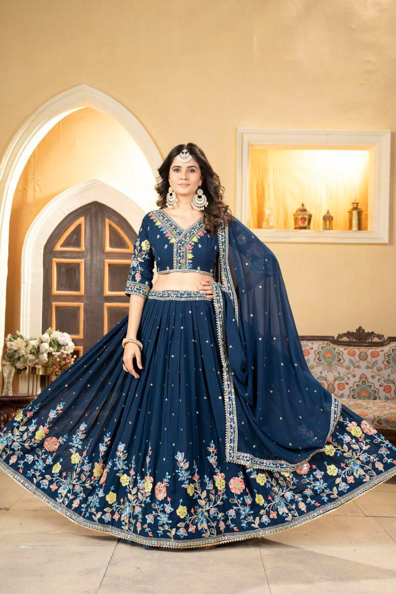 Stylish Blue Faux Georgette Lehenga Choli With Thread Embroidery For Women