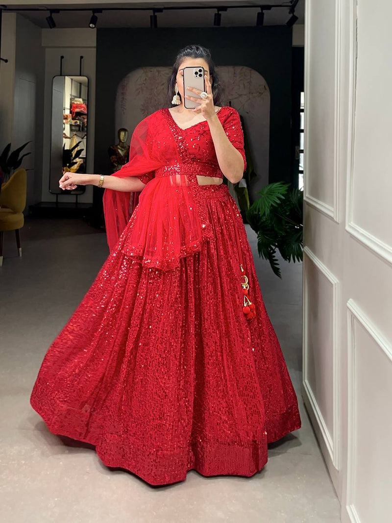 Red Women Embellished Flared Lehenga Choli Set with All Over Sequined Embroidery Work