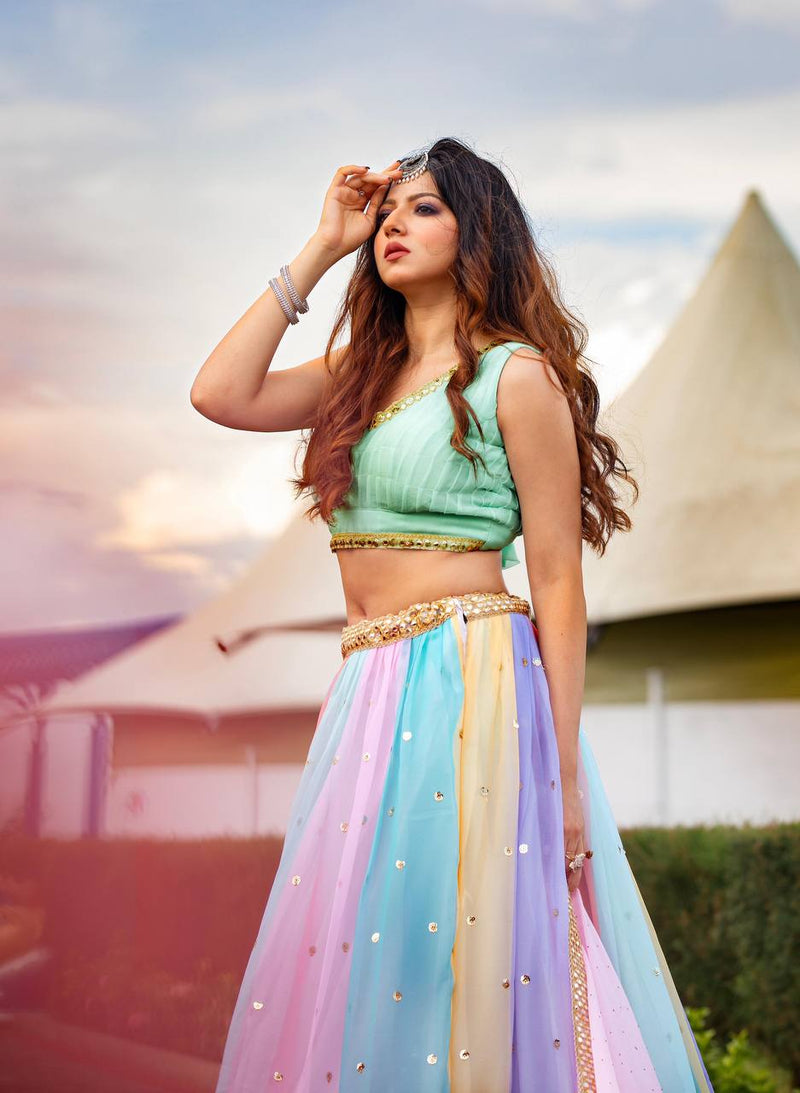 Multi Color Stunning Double layer Net lehenga With Peplum style blouse