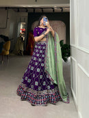 Purple Embellished Flared Lehenga Choli Set with All Over Sequined Embroidery Work