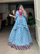 Sky Blue Stunning Double layer Net lehenga With Peplum style blouse