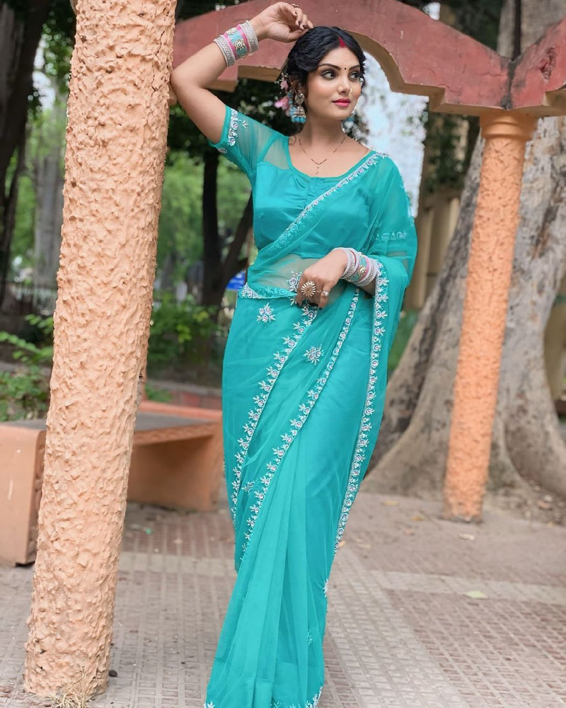 Designer Silk Saree with Sheer Embroidery and Satin Texture For Women