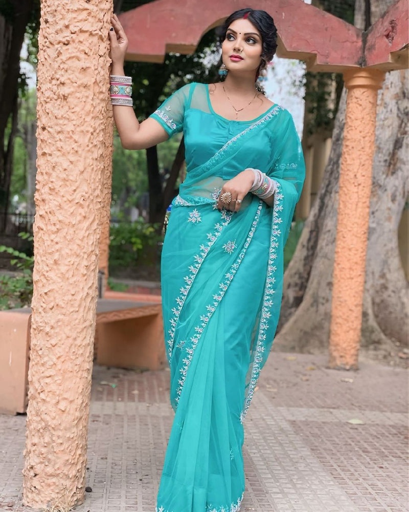 Designer Silk Saree with Sheer Embroidery and Satin Texture For Women