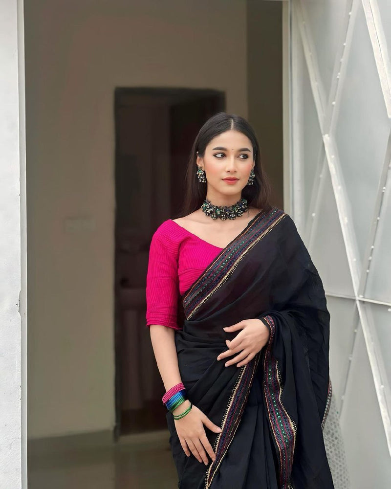 Pure Cotton Saree with Minimalist Embroidery Work For Women