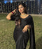 Stylish Ruffle Black Saree with Pearl Detailing for Women