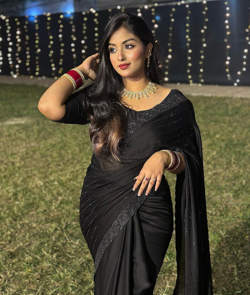 Stylish Ruffle Black Saree with Pearl Detailing for Women