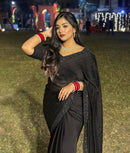 Stylish Ruffle Black Saree with Pearl Detailing for Women