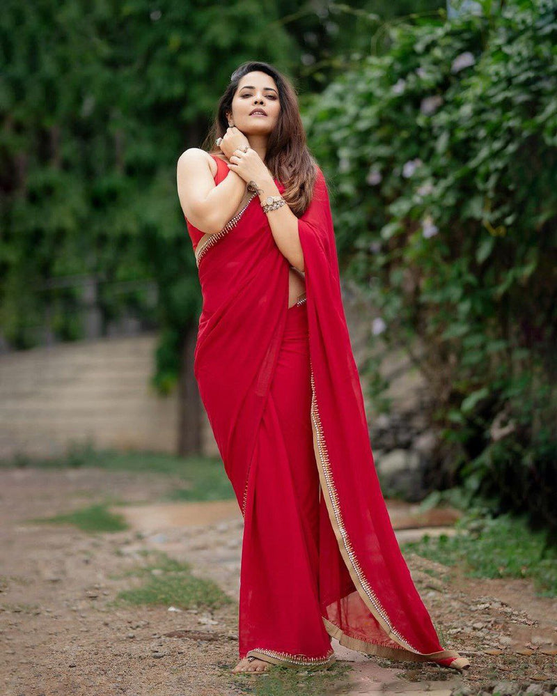 Charming Red Georgette Saree with Layered Embellishments For Women