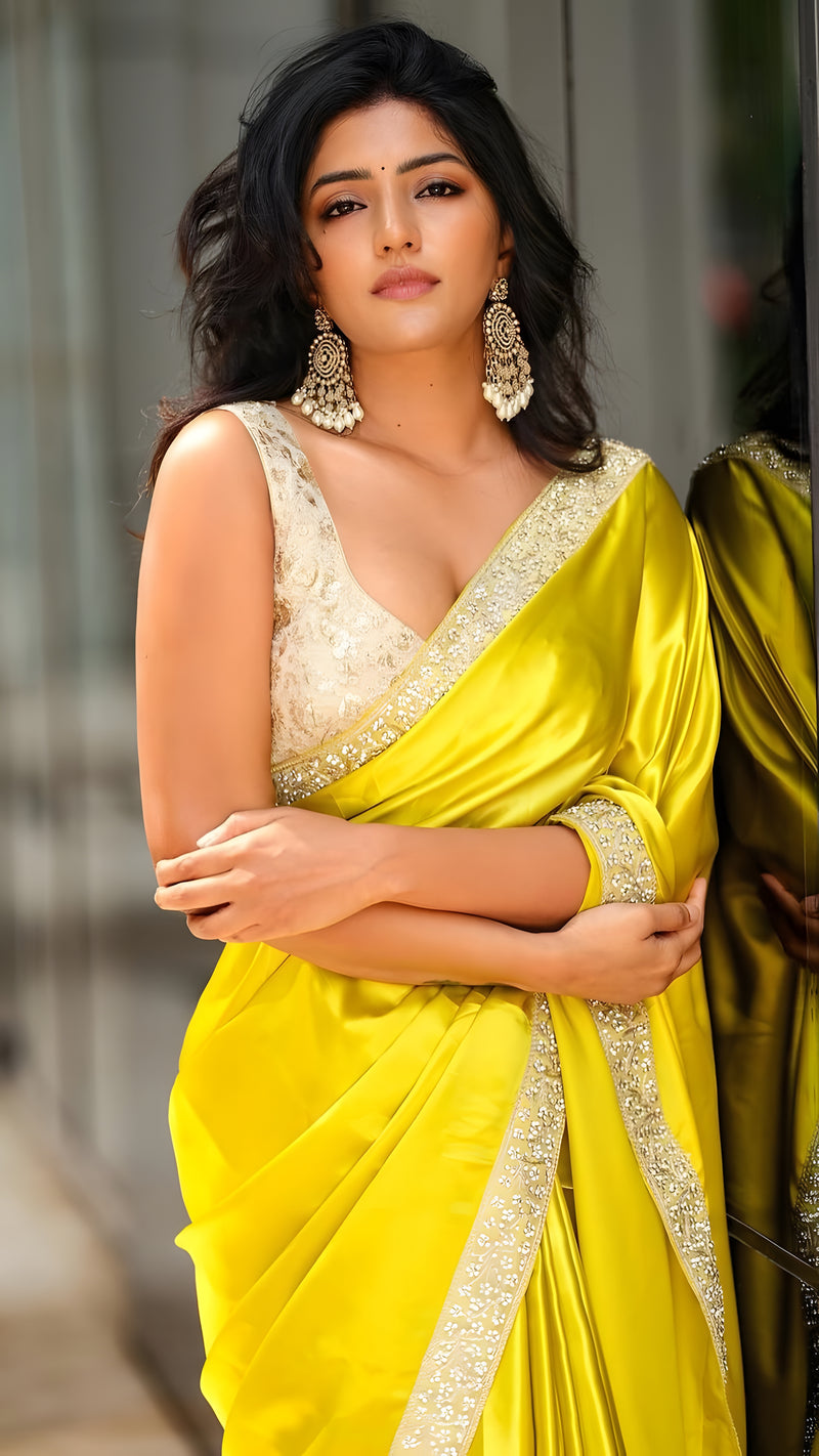 Yellow Glossy Satin Silk Saree with Metallic Finish For Women