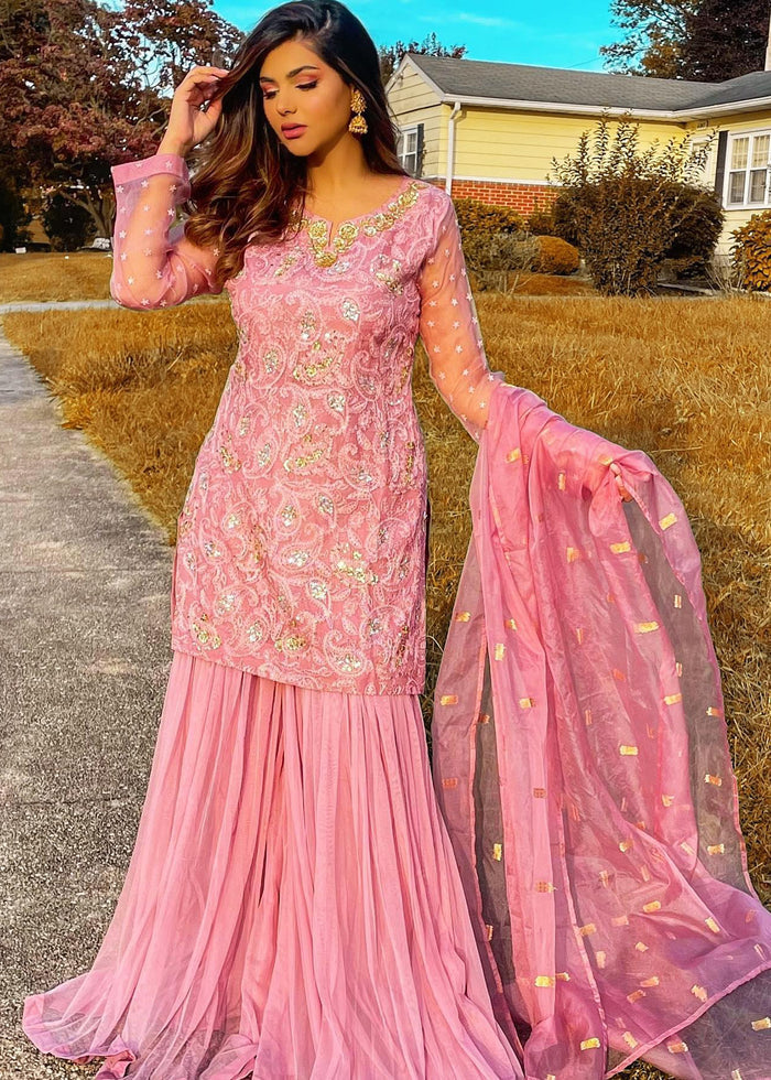 Designer Pink Colored Organza Silk Sarara Suit