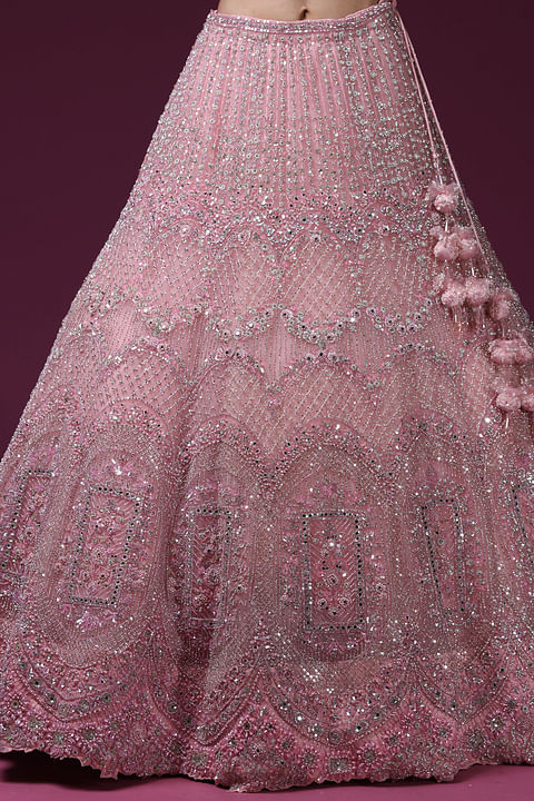 Powder Pink Stone Embroidered Net Bridal Lehenga