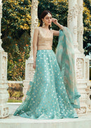 Golden And Sky Blue Colored Designer Lehenga