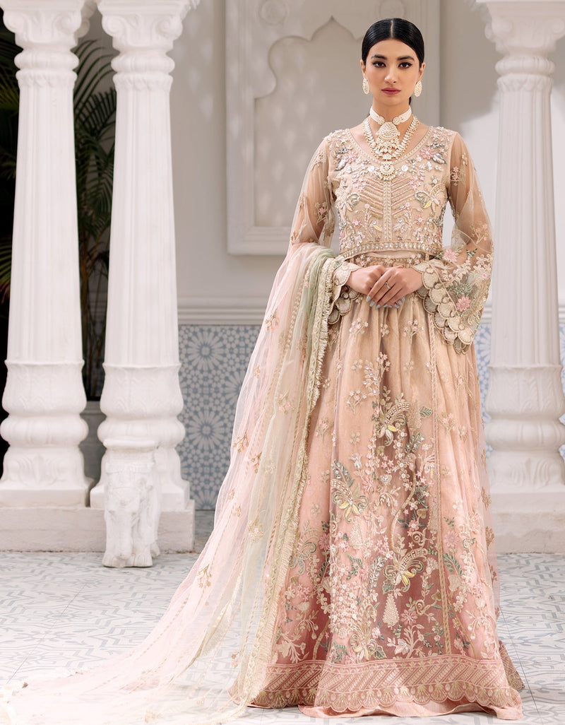 Net Embroidered Wedding Wear Peach Gown