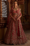 Vermilion Red Resham Embroidered Silk Bridal Lehenga