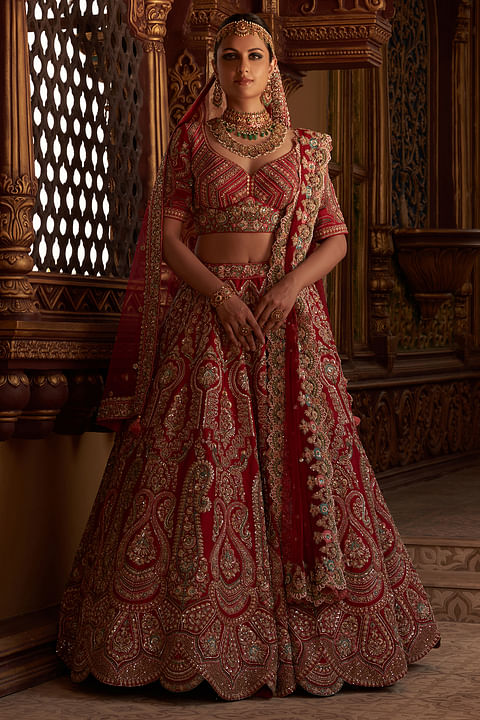 Vermilion Red Resham Embroidered Silk Bridal Lehenga