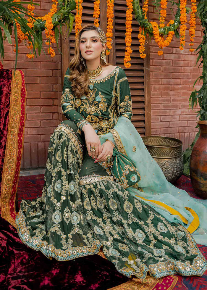 Green Colored Gota And Resham Work Design Gharara Suit