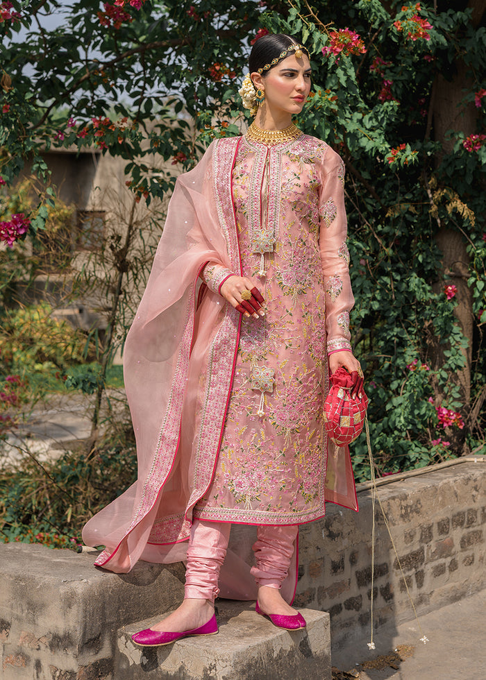 Pink Colored Organza Silk Designer Suit With Matching Dupatta