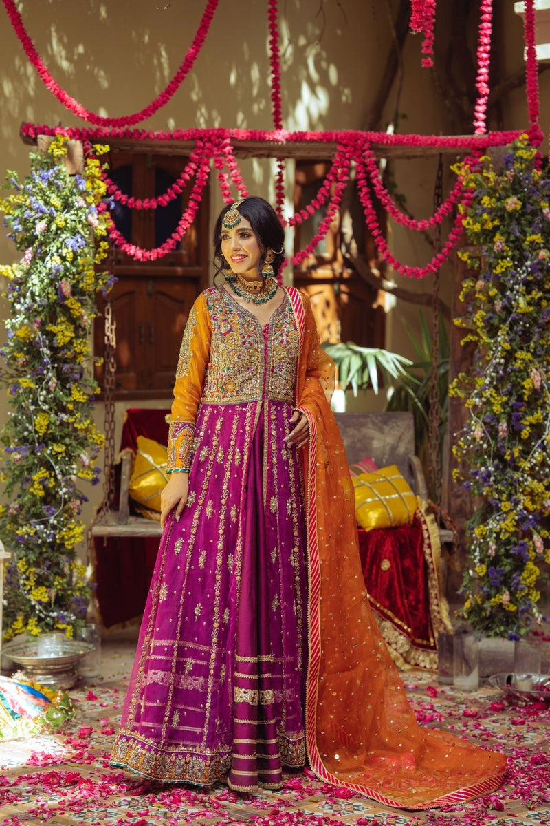 Purple Lehenga And Open Pishwas Pakistani Bridal Dress