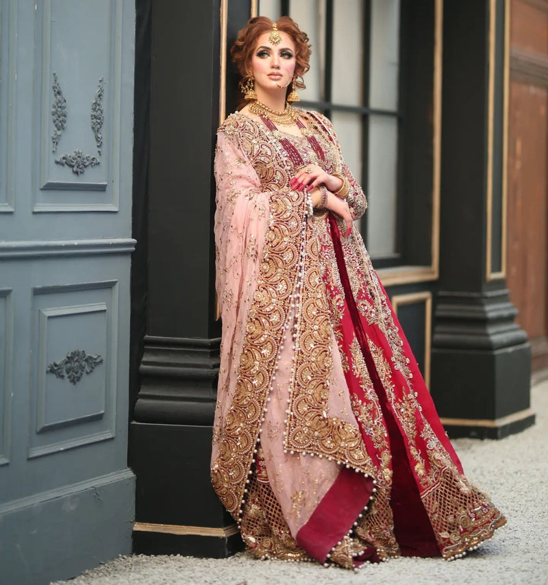 Pakistani Red Lehenga With Front Open Gown And Dupatta