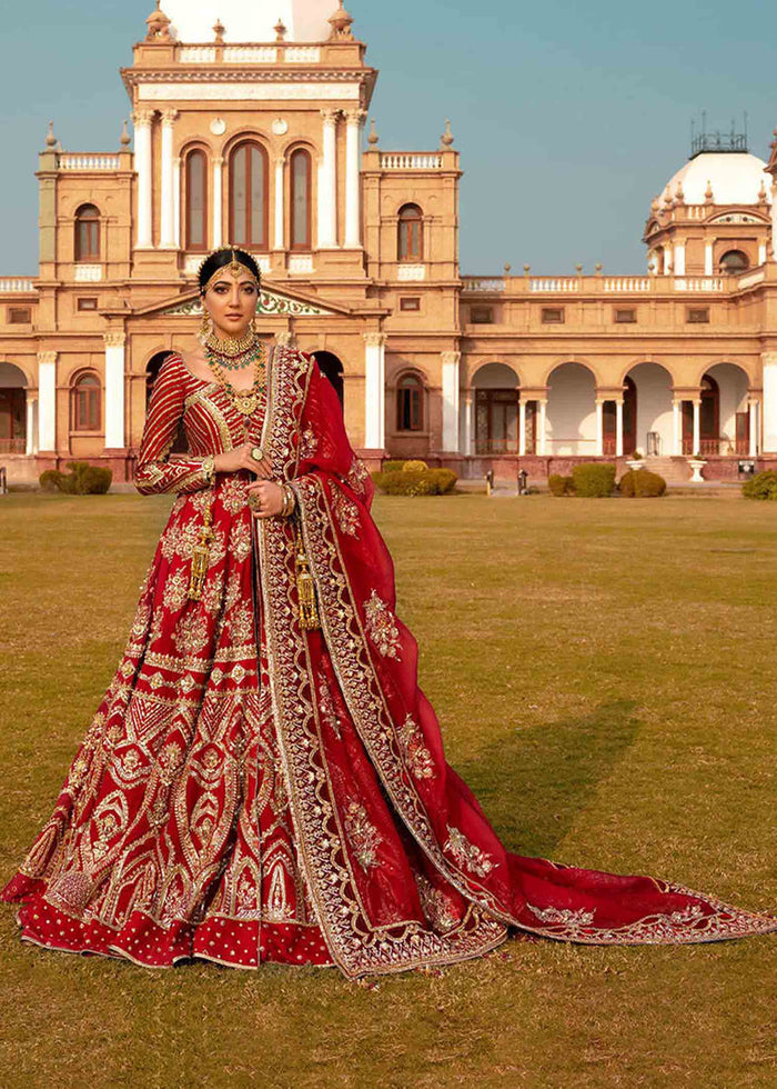 Red Colored Embroidered Wedding Wear Peshwas And Gharara With Designer Dupatta