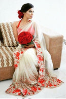 Women Floral Print Saree with red embroidery work for wedding wear