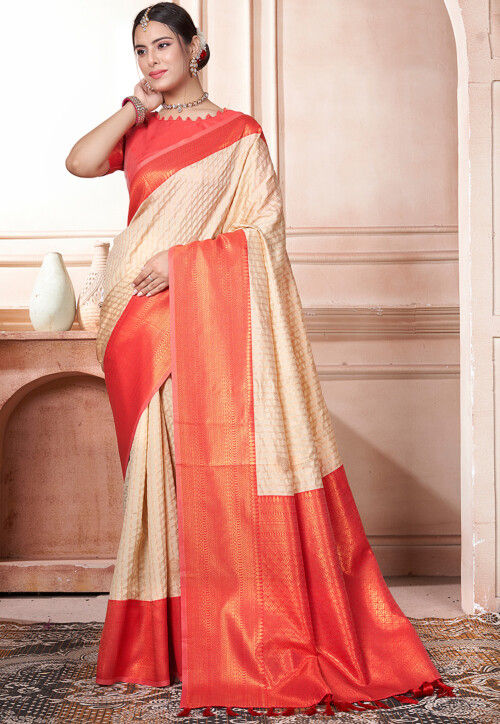 Beige Kanjivaram Silk Saree With Jacquard Border for festival Designer Saree