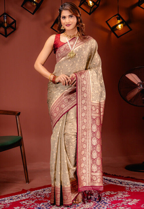 Floral Woven Casual Wear Saree with Contrast Tissue Border saree for girl