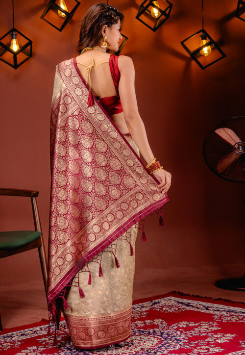 Floral Woven Casual Wear Saree with Contrast Tissue Border saree for girl