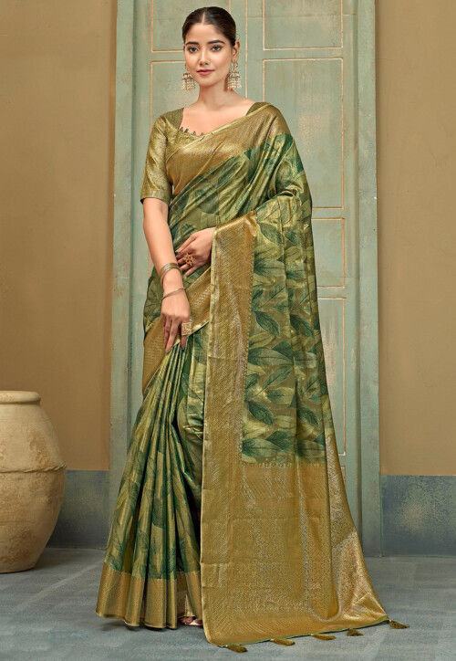 Silk Wedding Floral Banarasi Saree with Contrast Border Weaving work