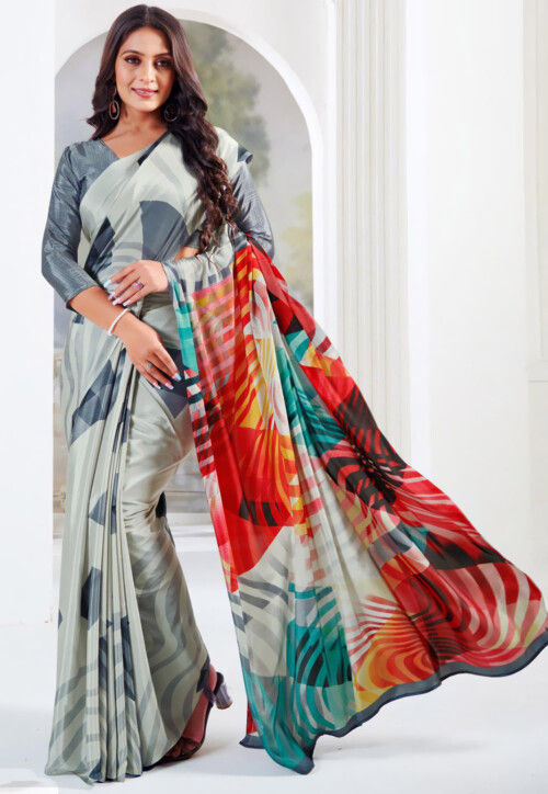 Digital Printed Crepe Silk Casual Saree with Printed work for woven