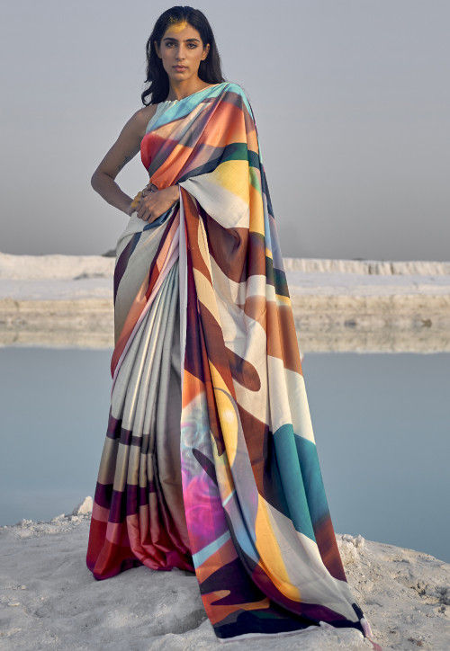 Digital Printed satin Crepe Silk multi color saree for festival wear collection