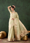 Beige Khadi Organza Saree for organza woven designer with classy brush paint work