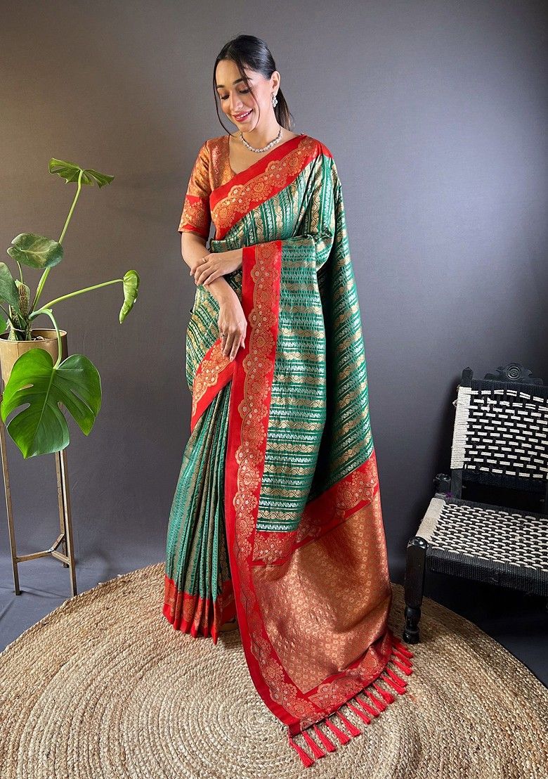 Green soft kashmiri silk zari woven contrast saree for viridian saree