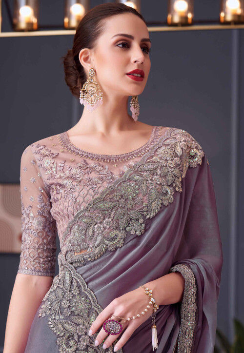 Wedding Festive Style Purple Chiffon Embroidered Light Weight Designer Saree for woven