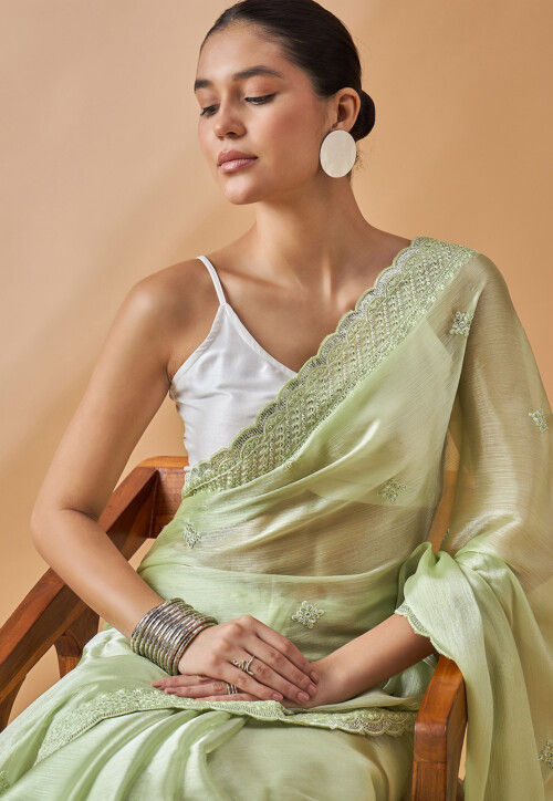 Embroidered Georgette Tissue Saree with Striped Sequinned border collection for Casual Wear