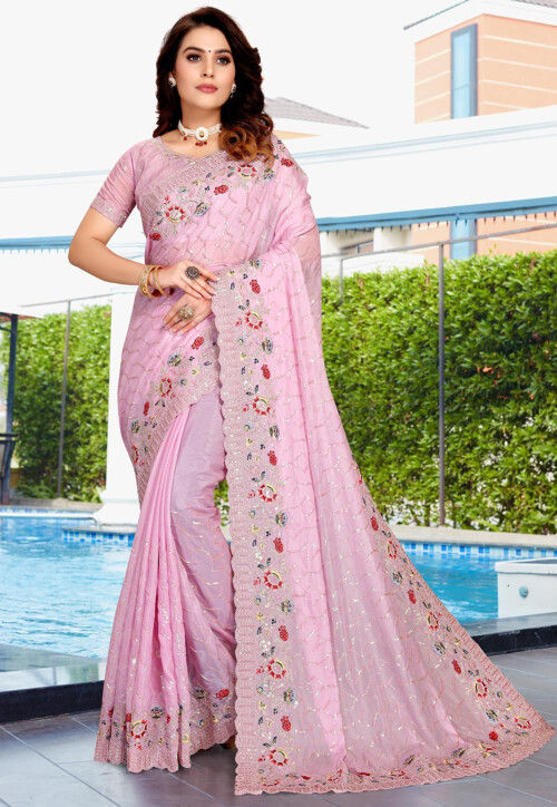 Sequin Thread Embroidered Georgette Saree with crepe border for party wear saree