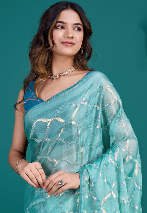 Georgette Chiffon Sequence Embroidered Georgette Turquoise Saree for woven