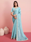 Sky Blue Sequin Embroidered Border Organza Saree for girl