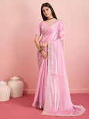 Peach Floral Embroidered Border Organza Patterned Saree  woven